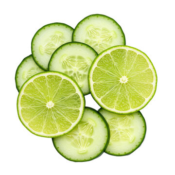 Green Lime Slices and Cucumber Slices Arranged Isolated on Transparent Background