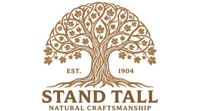 Vintage style logo featuring an intricate tree illustration with established 1904 text.