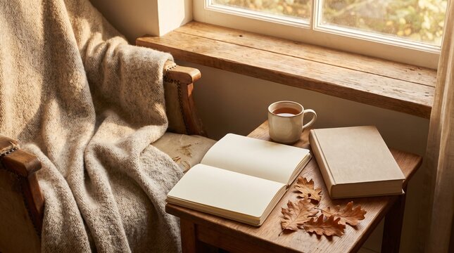 Cozy autumn reading corner, open blank notebook, neutral hardcover book with no readable text, wool blanket, ceramic tea cup and dried leaves beside a window, warm golden sunlight, realistic lifestyle