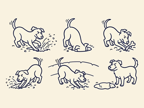 Cute cartoon dog digging holes, playing in the dirt, and finding a bone in a set of outline vector illustrations