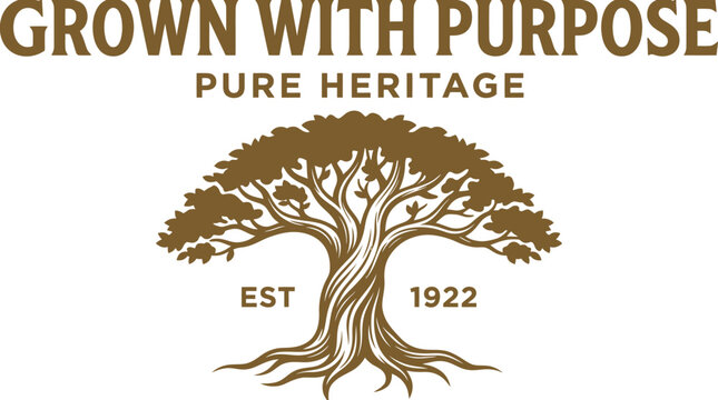 Vintage style logo featuring an olive tree with roots and text Grown With Purpose Pure Heritage established 1922.