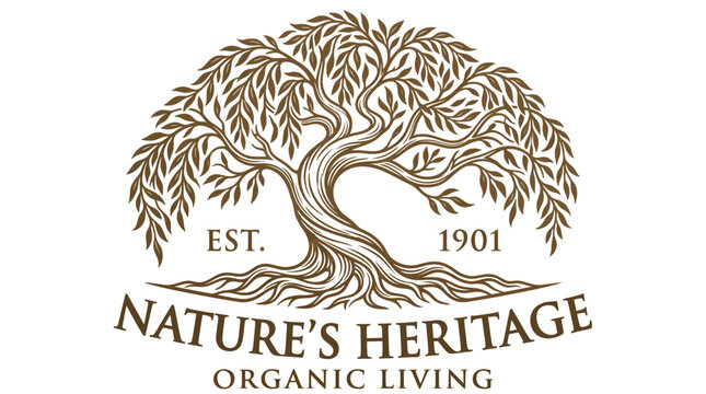 Vintage style willow tree logo design with text Nature s Heritage Organic Living.