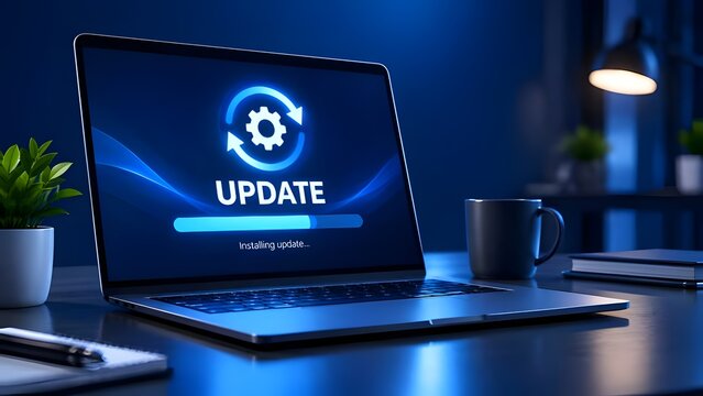 Laptop computer displaying software update installation progress on glowing blue screen in modern dark office environment