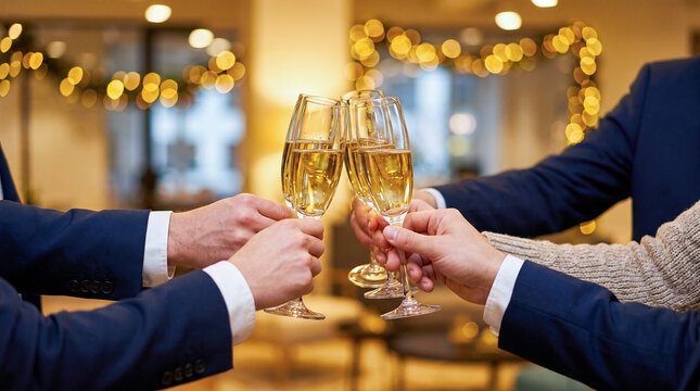 Close-up of business colleagues toasting with champagne glasses celebrating corporate success and year-end party