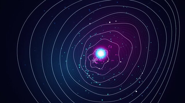 Abstract quantum flow motion graphics video with glowing purple grid network backdrop
