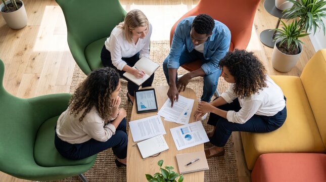 Business team analyzing reports from above