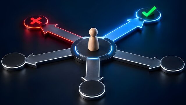 Wooden figure standing at a multi path hub making a strategic business choice between multiple alternative directions and options