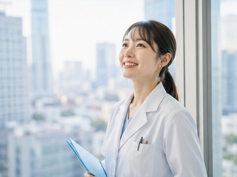 女性看護師,看護師,ナース,日本人看護師,日本人女性,笑顔,満面の笑み,笑う,明るい,親しみやすい,優しい,医療従事者,医療スタッフ,医療,病院,クリニック,診療所,介護施設,白衣,スクラブ,制服,看護,看護職,医療職,仕事,職業,働く女性,ポートレート,人物,正面,腕組み,立つ,安心,信頼,清潔感,親近感,患者ケア,コミュニケーション,チーム医療,病院スタッフ,ヘルスケア,採用,求人,看護師求人