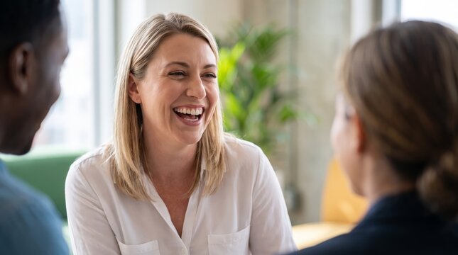 Woman laughing during business conversation