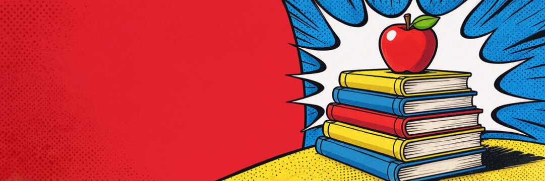 A stack of colorful books with a red apple rests on a yellow surface against a bold red and blue illustrated background, suggesting education and learning.