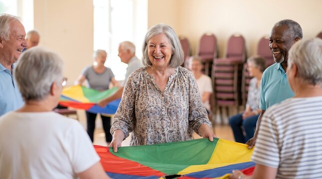 Senior woman and group holding colorful parachute in bright hall during therapy. seniors, active, retired, health, wellness, joy, community, fun.