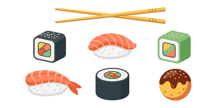 Assorted sushi and maki rolls with chopsticks on transparent background ideal for japanese cuisine menus.