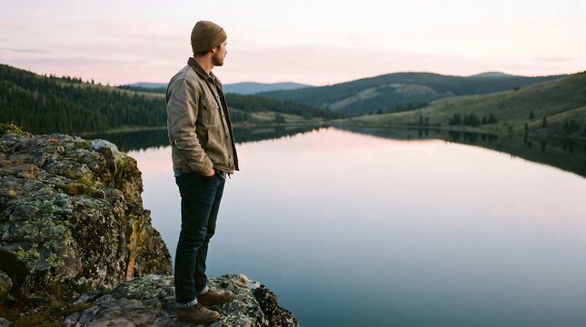 Man in canvas jacket and beanie stands on a rocky ledge overlooking a tranquil mountain lake during a hazy pink twilight, nature, outdoors, adventure.