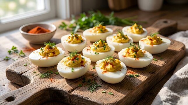 Deviled eggs garnished with paprika and dill are arranged on a rustic wooden cutting board appetizer breakfast brunch catering chillies
