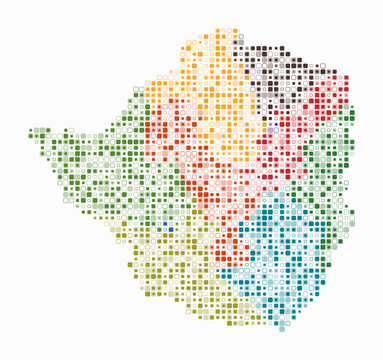 Zimbabwe, shape of the country build of colored cells. Digital style map of the Zimbabwe on white background. Small size rounded square blocks. Artistic vector illustration.