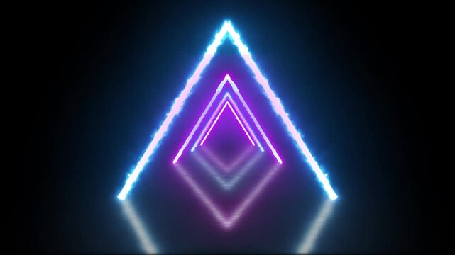 Neon pink violet triangle tunnel loop animation. Glowing cyan blue diamond geometric shape background. Futuristic light ray VJ loop abstract motion.