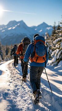 Bright snowy forest edge opening onto white mountains back view of hikers with backpacks trekking a winter route poles and boot tracks in the powder sunlit ridges clear sky trekking