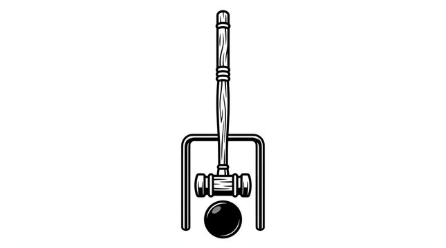 Detailed croquet mallet positioned behind black wooden ball inside metal wicket frame shown in crisp black and white graphic ink style illustration with clean lines and sharp artistic vector shading.