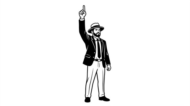 Bearded businessman wearing a stylish fedora hat and formal suit points his index finger upward in this high contrast black and white vector illustration showing a confident leadership male figure.
