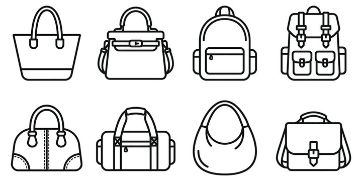 Set of various women bags and backpacks, outline line icon collection on transparent background, fashion accessories vector illustration.
