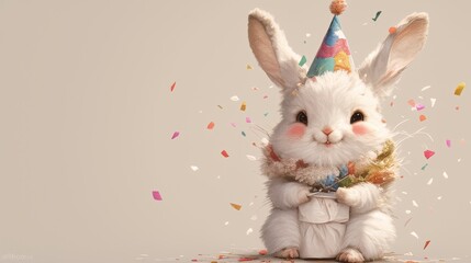 Fototapeta premium Cute Baby Rabbit New Year Plush Toy with Party Hat, Colorful Scarf and Confetti, Red and White 3D Felt Style, Minimal Festive Design with Copy Space