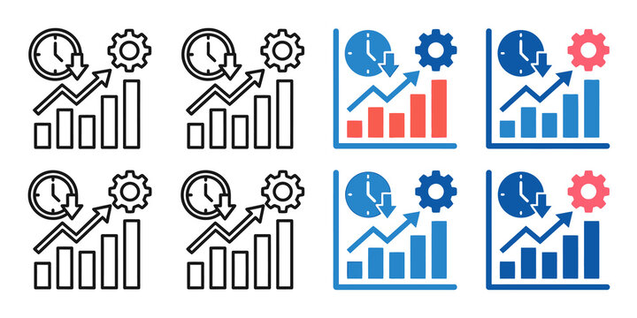 Business growth charts gears and clocks symbolizing time management and progress.
