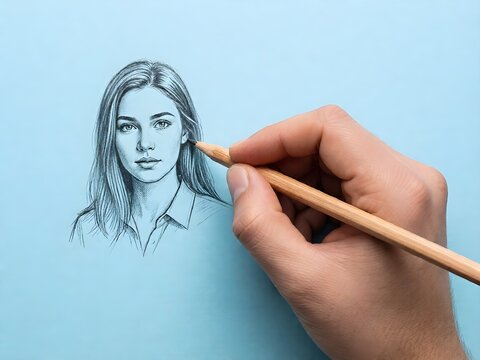 Realistic Pencil Sketch Female Portrait Hand Drawing on Blue Paper Illustration