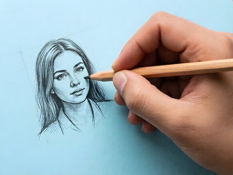 Realistic Pencil Sketch Female Portrait Hand Drawing on Blue Paper Illustration