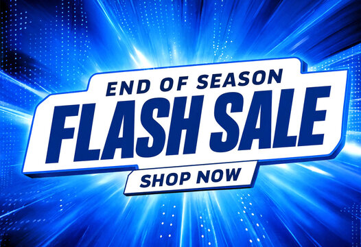 Bright blue end of season flash sale banner with dynamic light rays and bold text