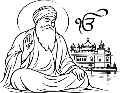 Black and white line drawing of guru nanak dev ji with the golden temple spiritual leader line art religious illustration ik onkar sikh guru devotional art monochrome drawing indian spiritual