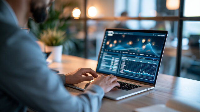 Bright fintech office over the shoulder view of a specialist reviewing fraud detection panels on a laptop with soft alert badges and transaction charts light desk glass partition with