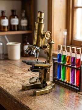 An antique brass microscope stands on a rustic wooden lab bench alongside colorful fluid-filled test tubes, embodying historic scientific exploration, blurred background, detailed, analysis