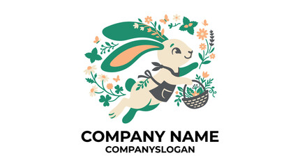 Fototapeta premium Cute bunny rabbit logo illustration wearing an apron and holding a basket with floral wreath elements.