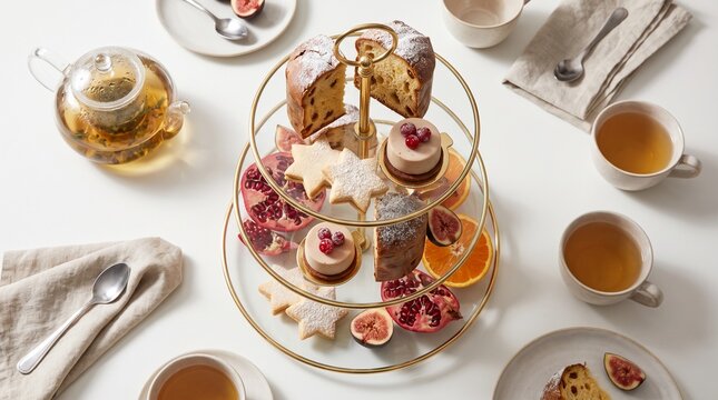 Elegant Afternoon Tea Spread with Pastries Fruits and Herbal Tea