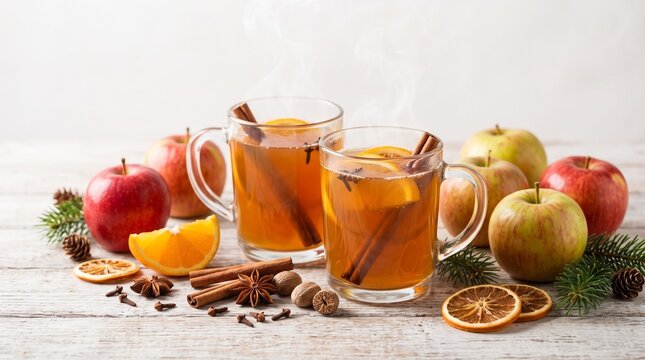 Warm apple cider with orange slices cinnamon sticks and spices on a wooden table