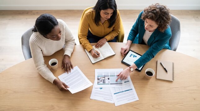 Businesswomen analyzing reports from above