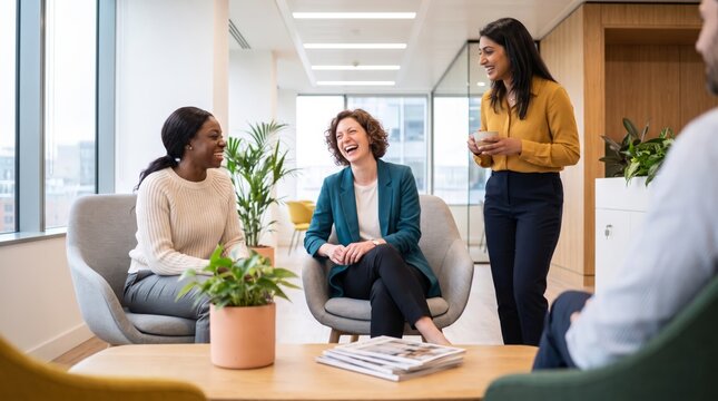 Women laughing during office meeting