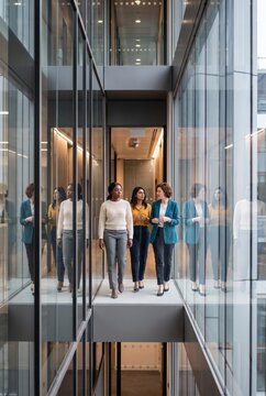 Women walking through corporate atrium