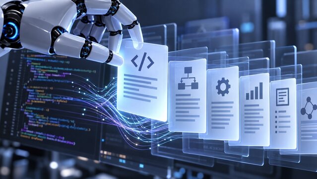Futuristic AI Generating Code Documentation Abstract Visualization for Streamlined Software Development Workflow and Data Management.