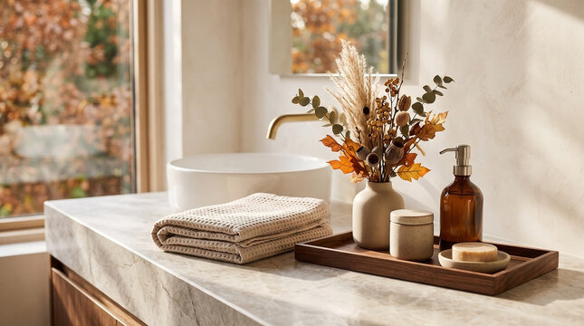 Modern Bathroom Countertop with Autumn Decor.