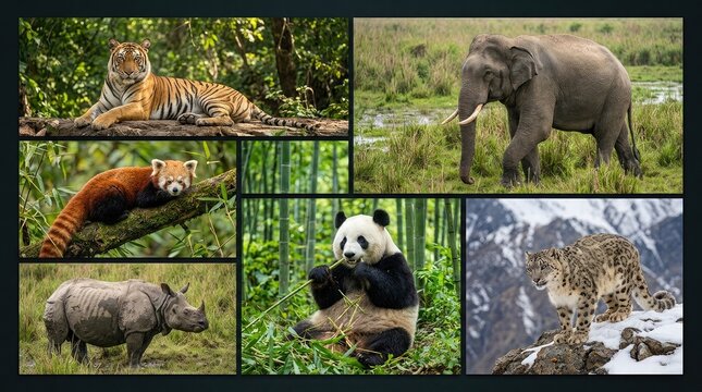 A beautiful wildlife collage honors the incredible variety of animals and their natural habitats across our planet for animal day