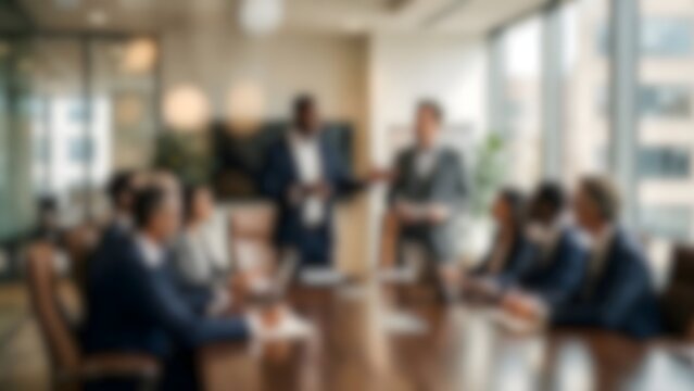 Blurred office interior background with business team in meeting around large wooden table