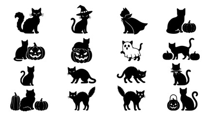 Fototapeta premium Black Cats Collection with Pumpkins, Ghosts, and Witch Hats Featuring Pumpkin