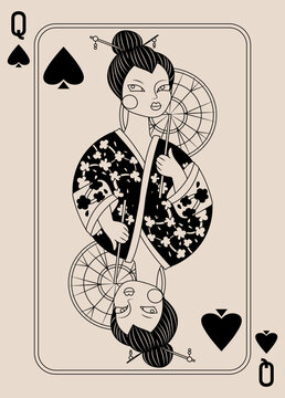 Queen of Spades suit vector playing card. Editable stroke in engraving line art style featuring Asian geisha woman in kimono with umbrella. Design card for poker, board games, and print