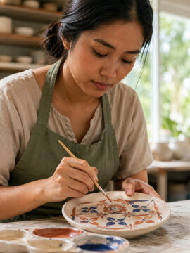 Artisan woman carefully paints a floral design on a ceramic plate while working at a craft studio table with colorful pigments.