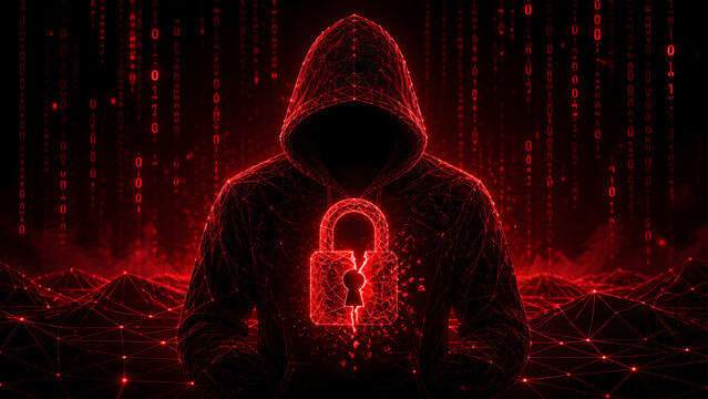 Hooded figure standing before shattered red padlock symbol glowing amid falling binary code digital background