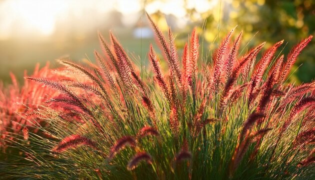 Ornamental Japanese Blood Grass Or Imperata Cylindrica Rubra Backlit With Evening Sun Outdoors Beautiful Perennial Plant With Bright Red Spikes Fade To Green For Gardens And Landscape Design