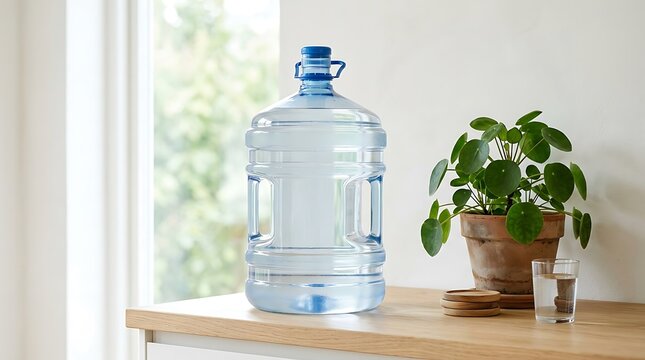 Large plastic water bottle standing on a wooden table next to a green houseplant in a bright room. 5 gallon jug