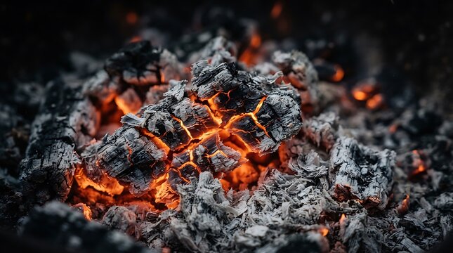 Close-up of glowing embers and burning charcoal in a fire pit