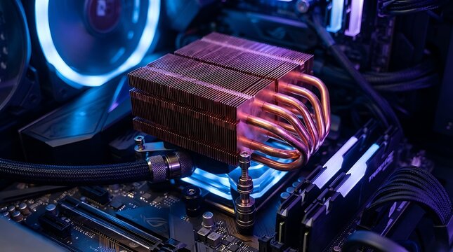 Close-up of a computer CPU cooler with heat pipes and fins in a dark tech environment